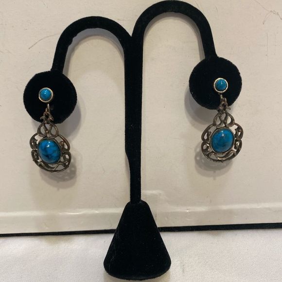 Vintage Silver And Faux Turquoise Dangling Earrings - Picture 4 of 14